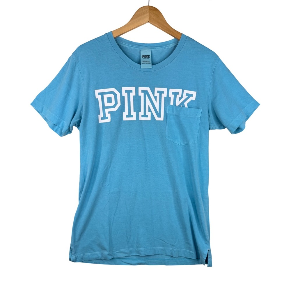 PINK by VS Crewneck Short Sleeve Logo Pocket Tee size‎ Small Blue
